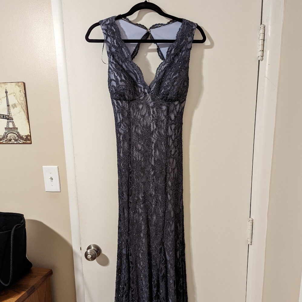 Floor length sparkly black/blue special occasion dress, size 3/4, Morgan and Co.